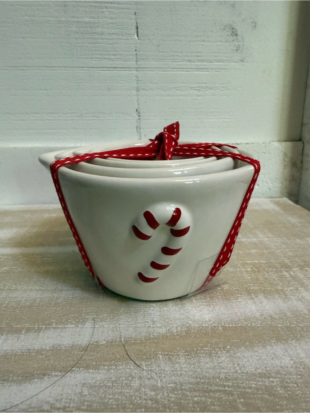 Rae Dunn Ceramic measuring cups with Red Candy Cane Accent